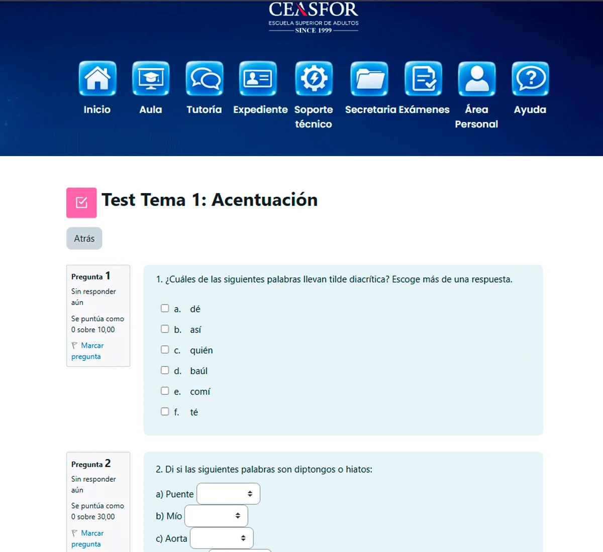 Interfaz de gestión de tareas y evaluación