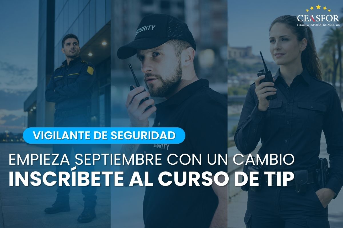 Ilustración promocional del curso de Vigilante de Seguridad en Tarragona con profesionales de seguridad.