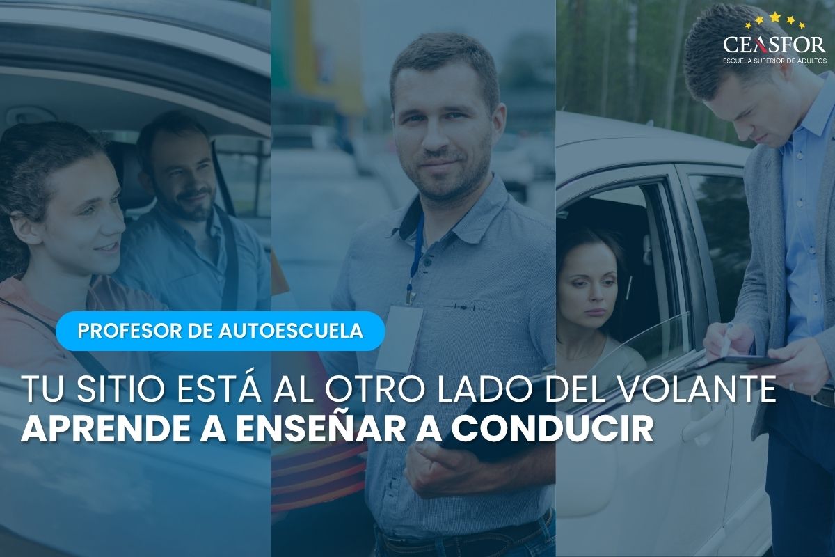 Profesor de autoescuela enseñando a conducir a alumnos.