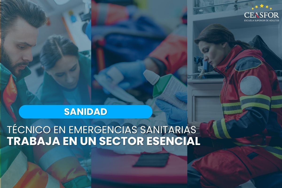 Técnicos en Emergencias Sanitarias atendiendo una situación de emergencia, con el mensaje “Trabaja en un sector esencial”.